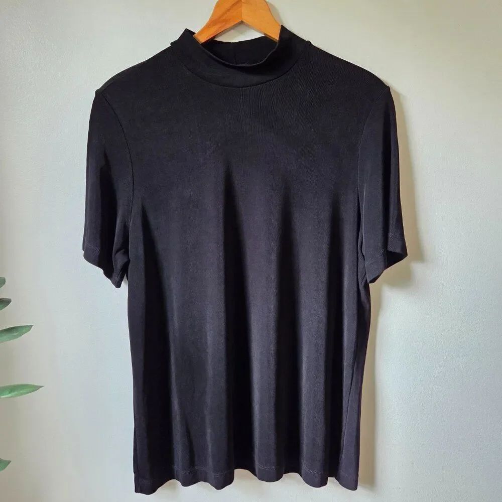 EUC PICADILLY FASHIONS BLACK SLINKY MOCK NECK SHORT SLEEVES TOP LARGE